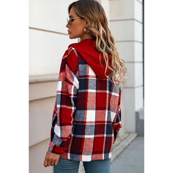 Azura Exchange  Red Hooded Plaid Button Front Shacket - Picture 6 of 8